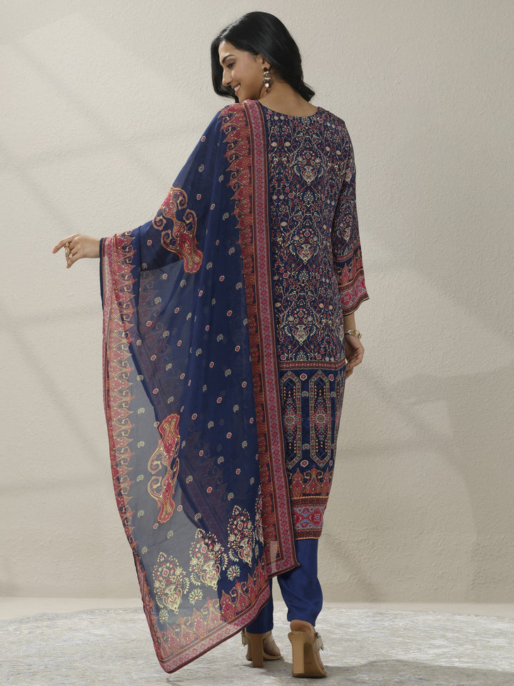 Blue Printed Muslin Straight Suit Set With Dupatta