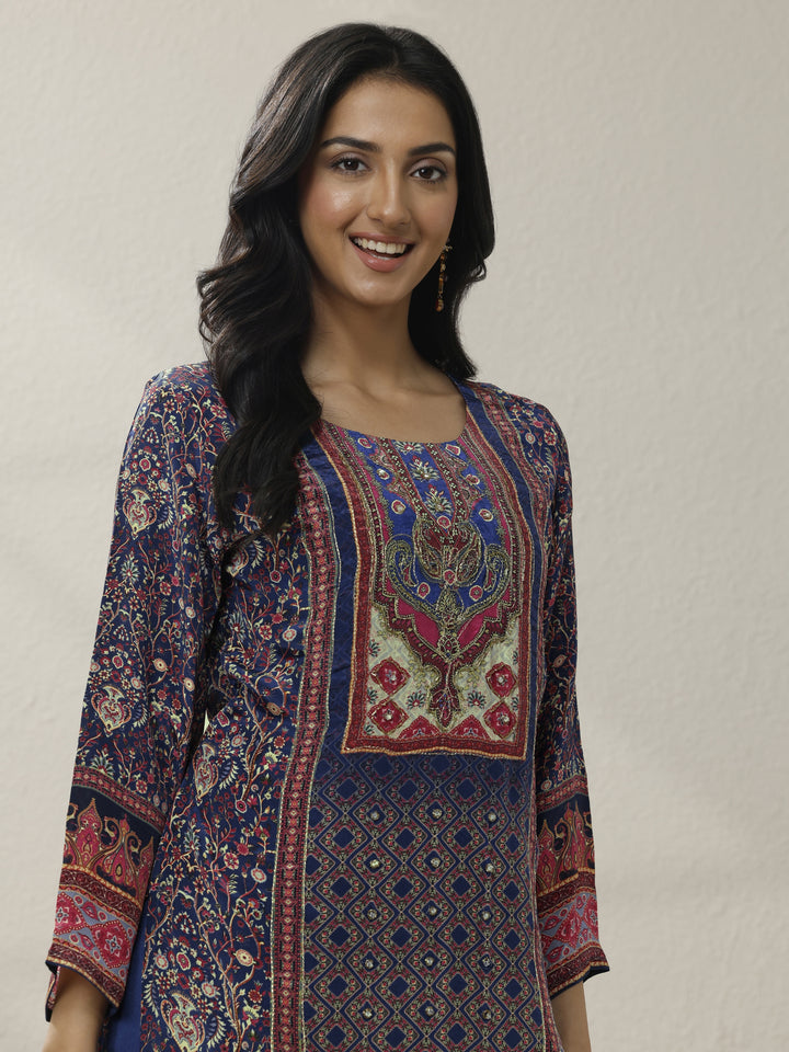 Blue Printed Muslin Straight Suit Set With Dupatta