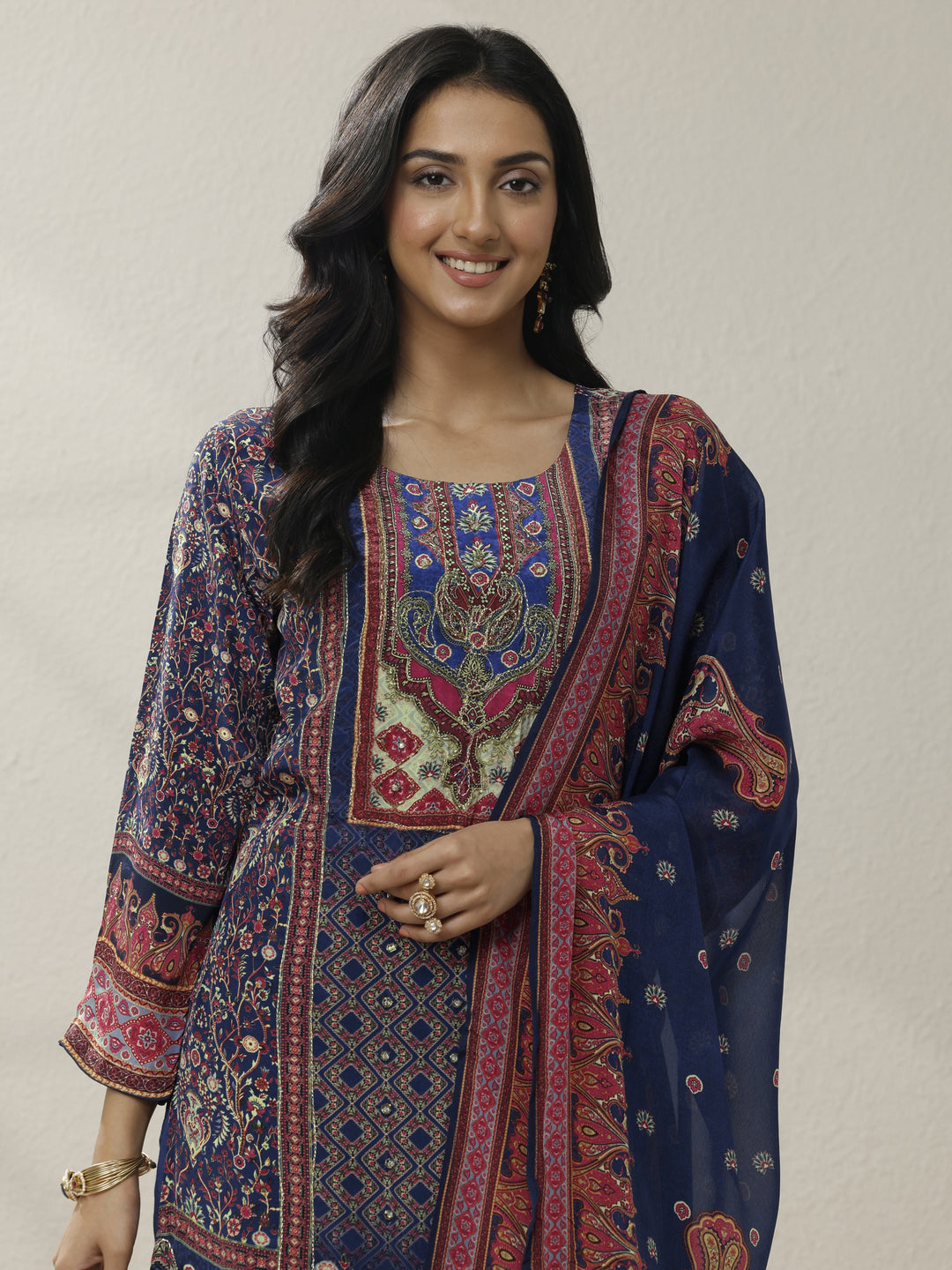 Blue Printed Muslin Straight Suit Set With Dupatta