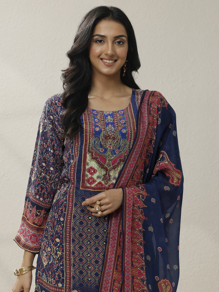 Blue Printed Muslin Straight Suit Set With Dupatta