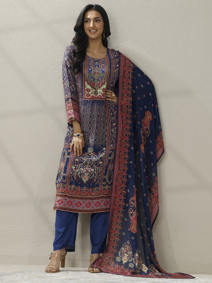 Blue Printed Muslin Straight Suit Set With Dupatta
