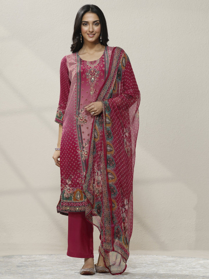Pink Printed Muslin Straight Suit Set With Dupatta