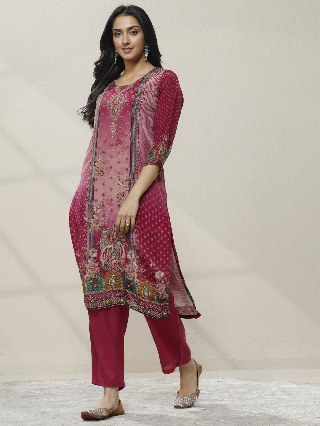 Pink Printed Muslin Straight Suit Set With Dupatta