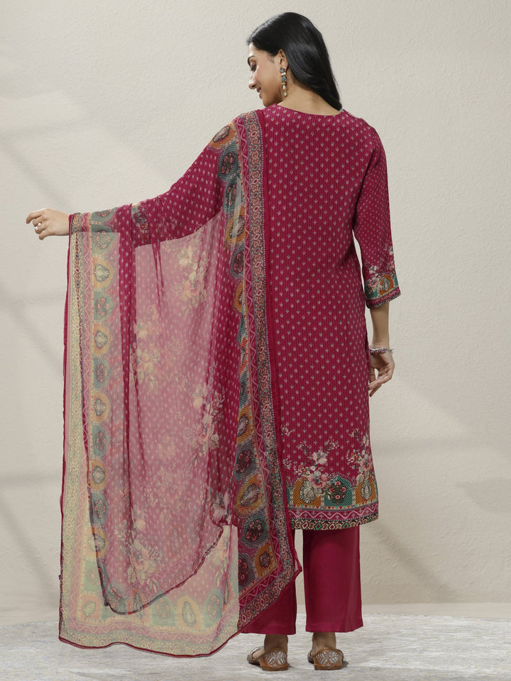 Pink Printed Muslin Straight Suit Set With Dupatta