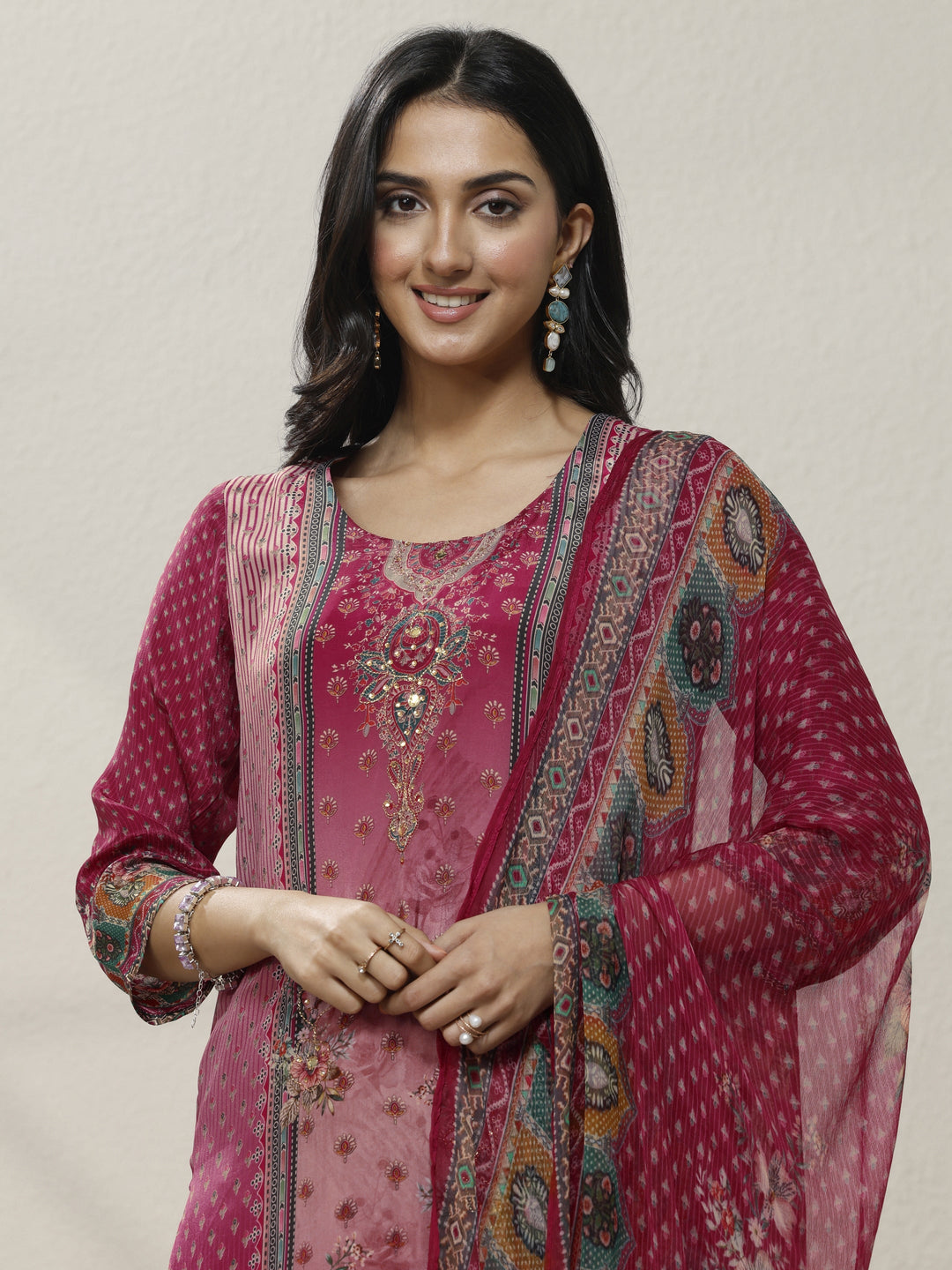 Pink Printed Muslin Straight Suit Set With Dupatta