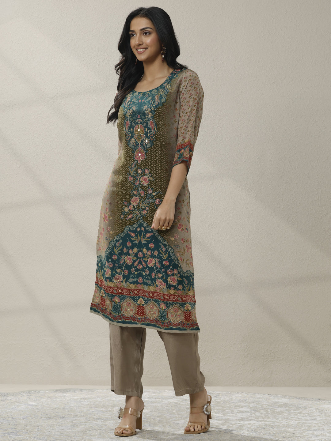 Grey Printed Muslin Straight Suit Set With Dupatta