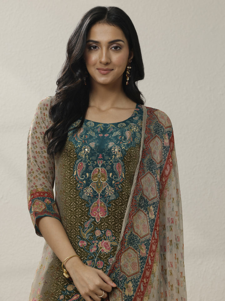 Grey Printed Muslin Straight Suit Set With Dupatta