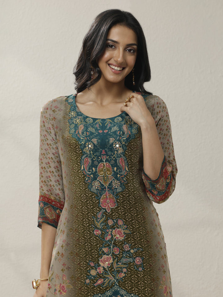 Grey Printed Muslin Straight Suit Set With Dupatta