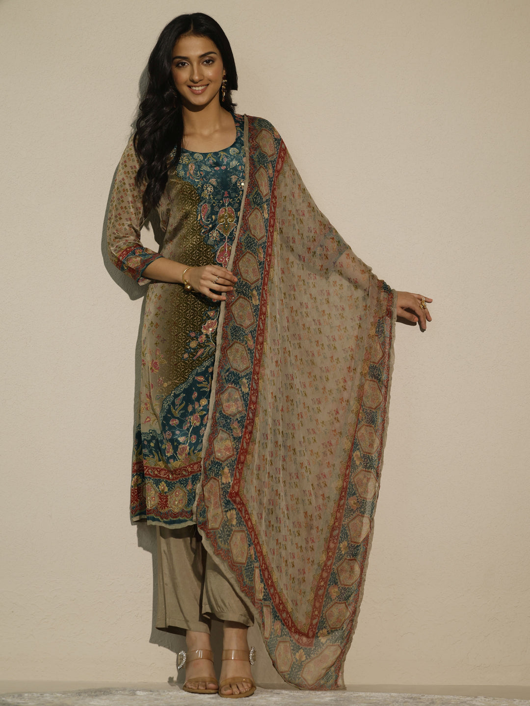 Grey Printed Muslin Straight Suit Set With Dupatta