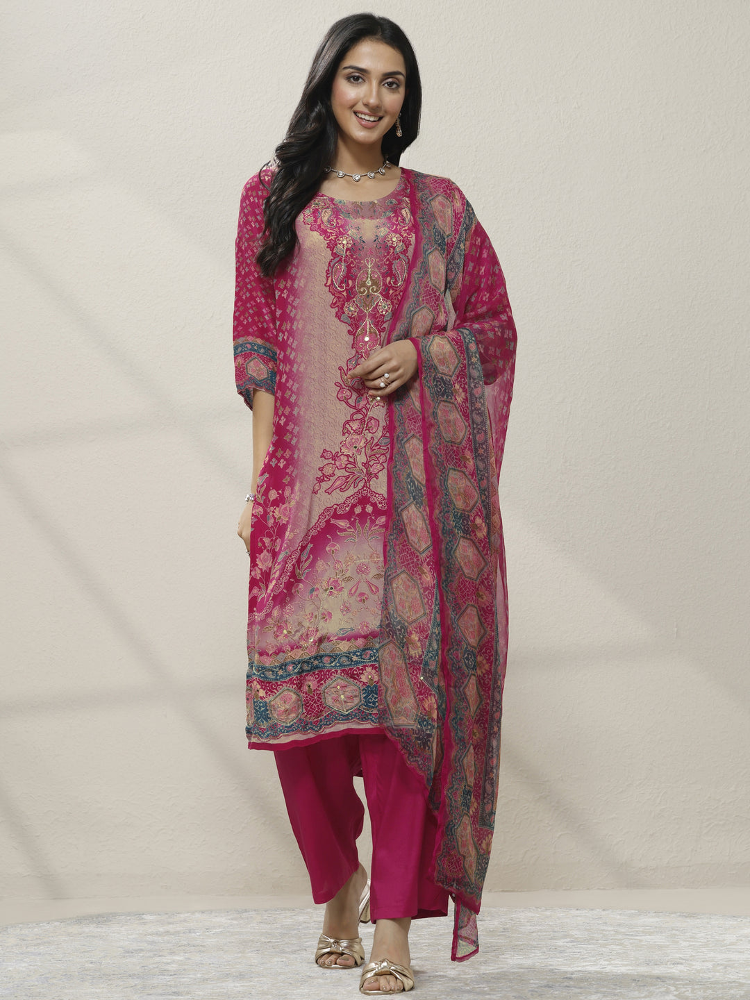 Pink Printed Muslin Straight Suit Set With Dupatta