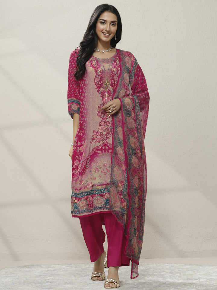Pink Printed Muslin Straight Suit Set With Dupatta