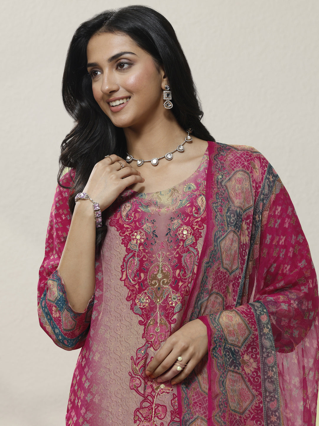 Pink Printed Muslin Straight Suit Set With Dupatta
