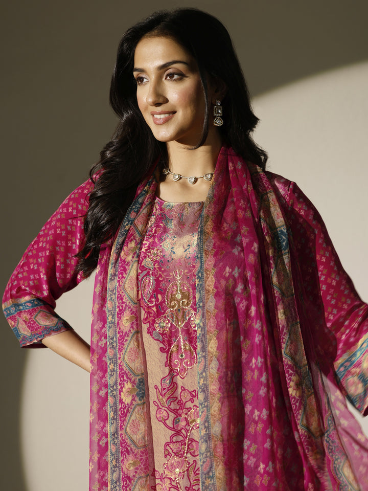 Pink Printed Muslin Straight Suit Set With Dupatta