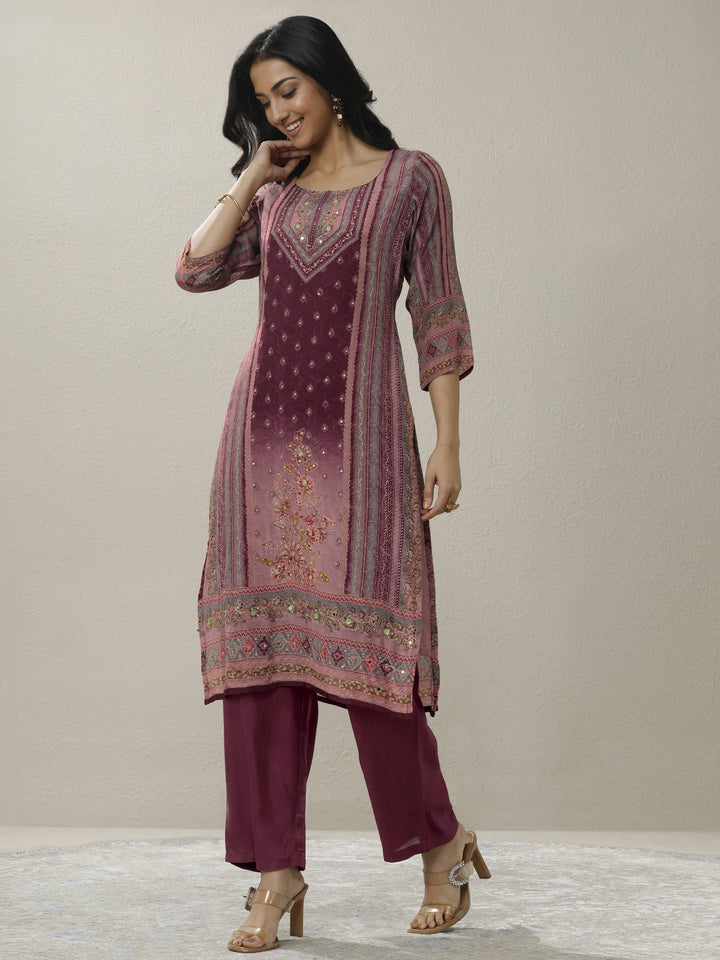 Burgundy Printed Muslin Straight Suit Set With Dupatta