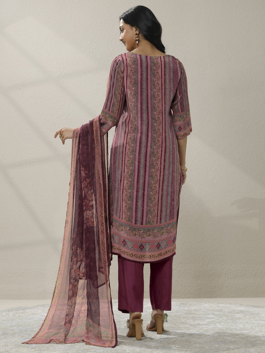 Burgundy Printed Muslin Straight Suit Set With Dupatta