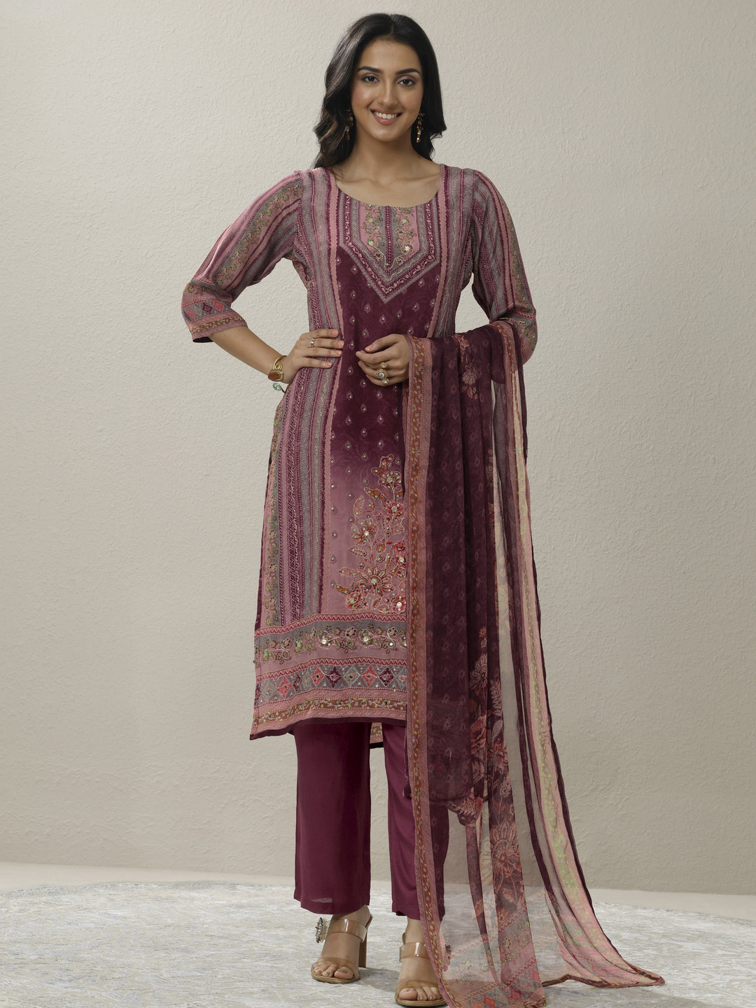 Burgundy Printed Muslin Straight Suit Set With Dupatta