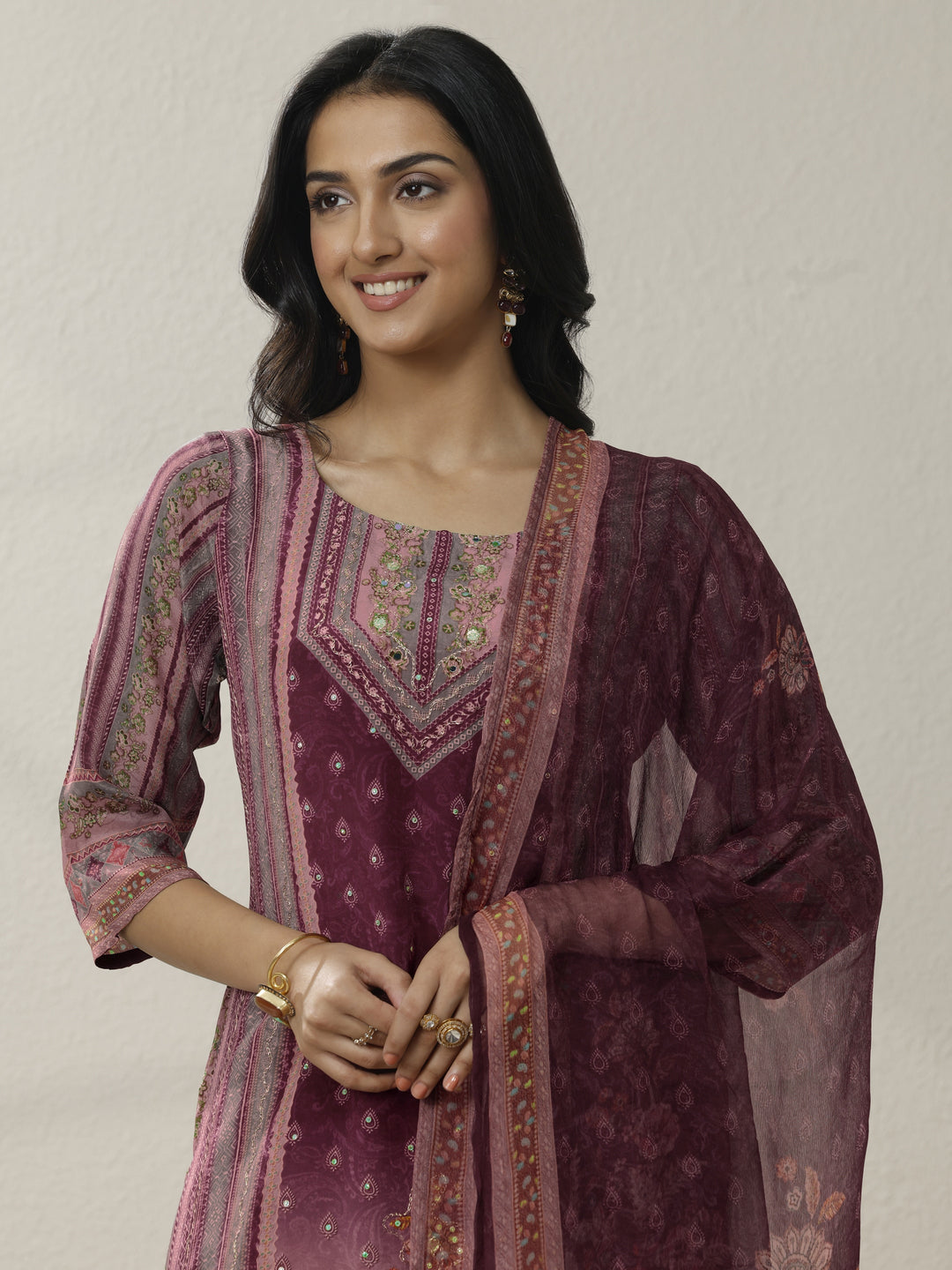 Burgundy Printed Muslin Straight Suit Set With Dupatta