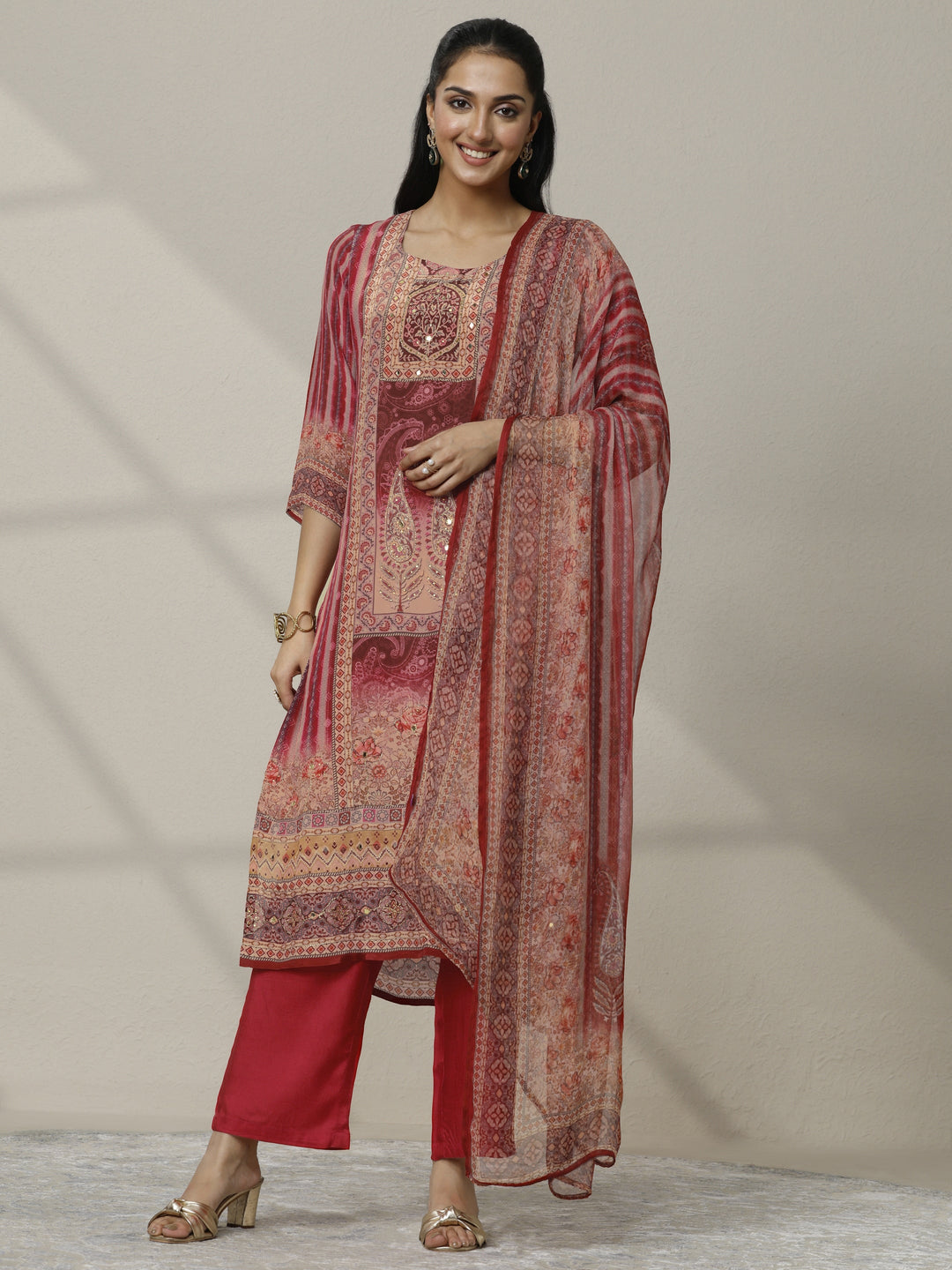Red Printed Muslin Straight Suit Set With Dupatta