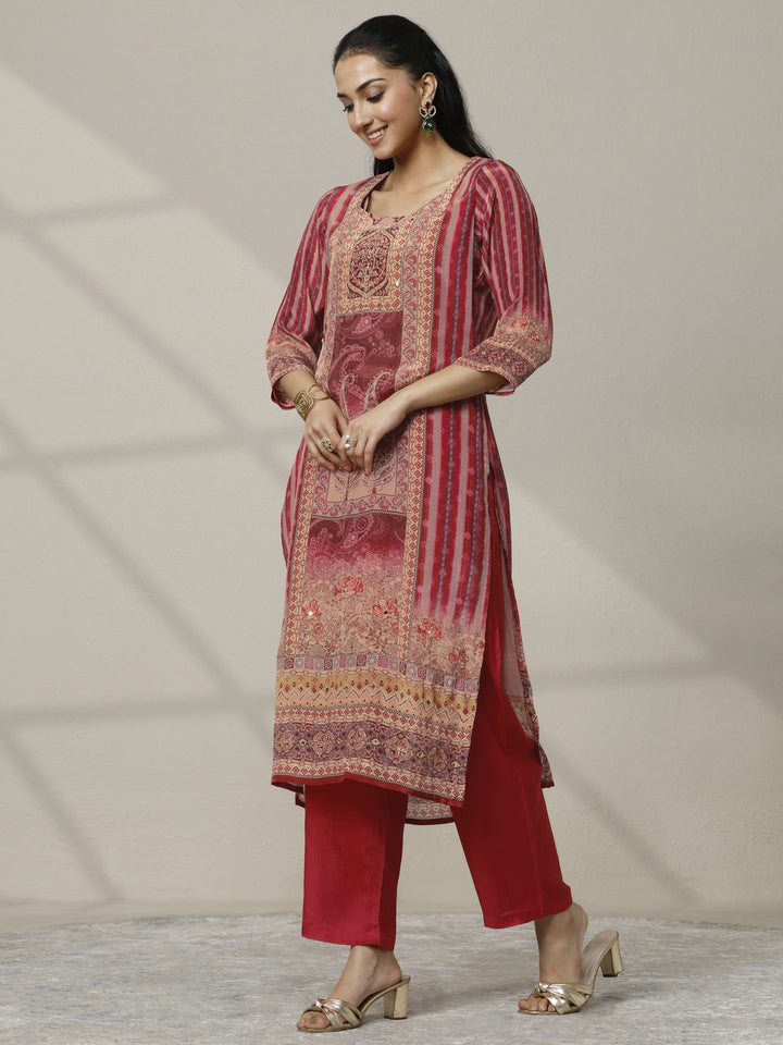 Red Printed Muslin Straight Suit Set With Dupatta