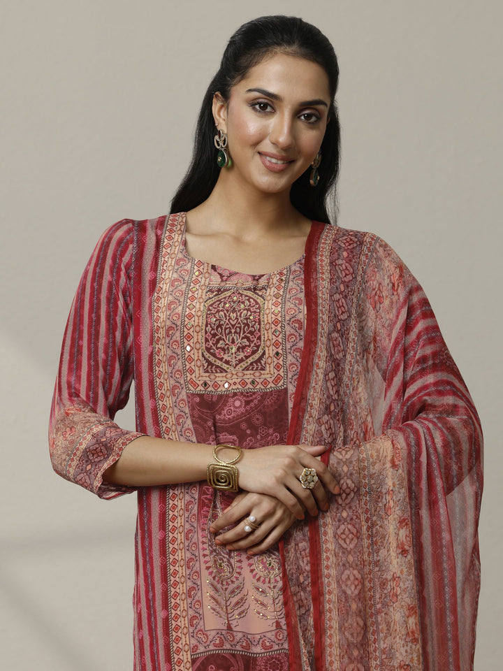 Red Printed Muslin Straight Suit Set With Dupatta