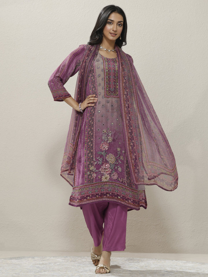 Mauve Printed Silk Blend Straight Suit Set With Dupatta