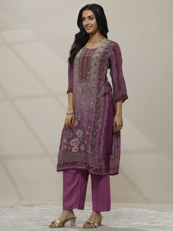 Mauve Printed Silk Blend Straight Suit Set With Dupatta