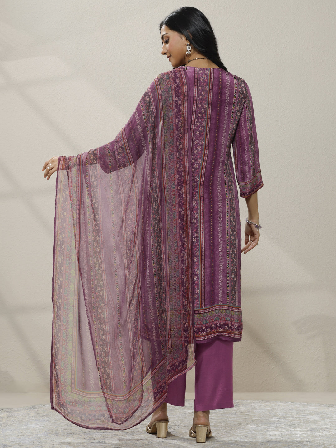 Mauve Printed Silk Blend Straight Suit Set With Dupatta