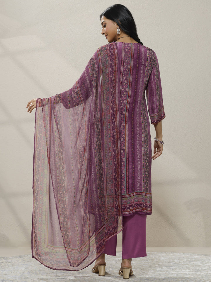 Mauve Printed Silk Blend Straight Suit Set With Dupatta