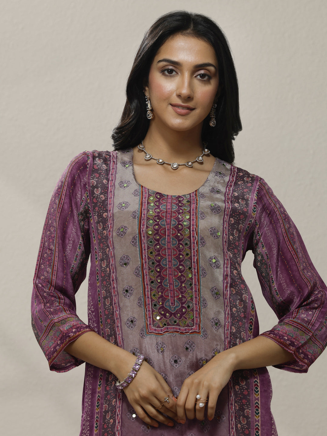 Mauve Printed Silk Blend Straight Suit Set With Dupatta