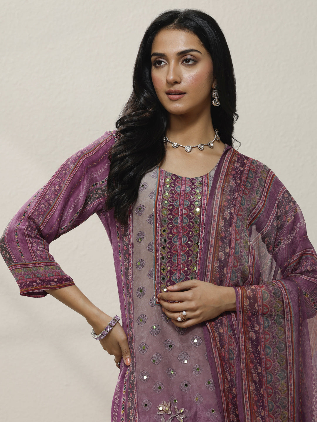 Mauve Printed Silk Blend Straight Suit Set With Dupatta