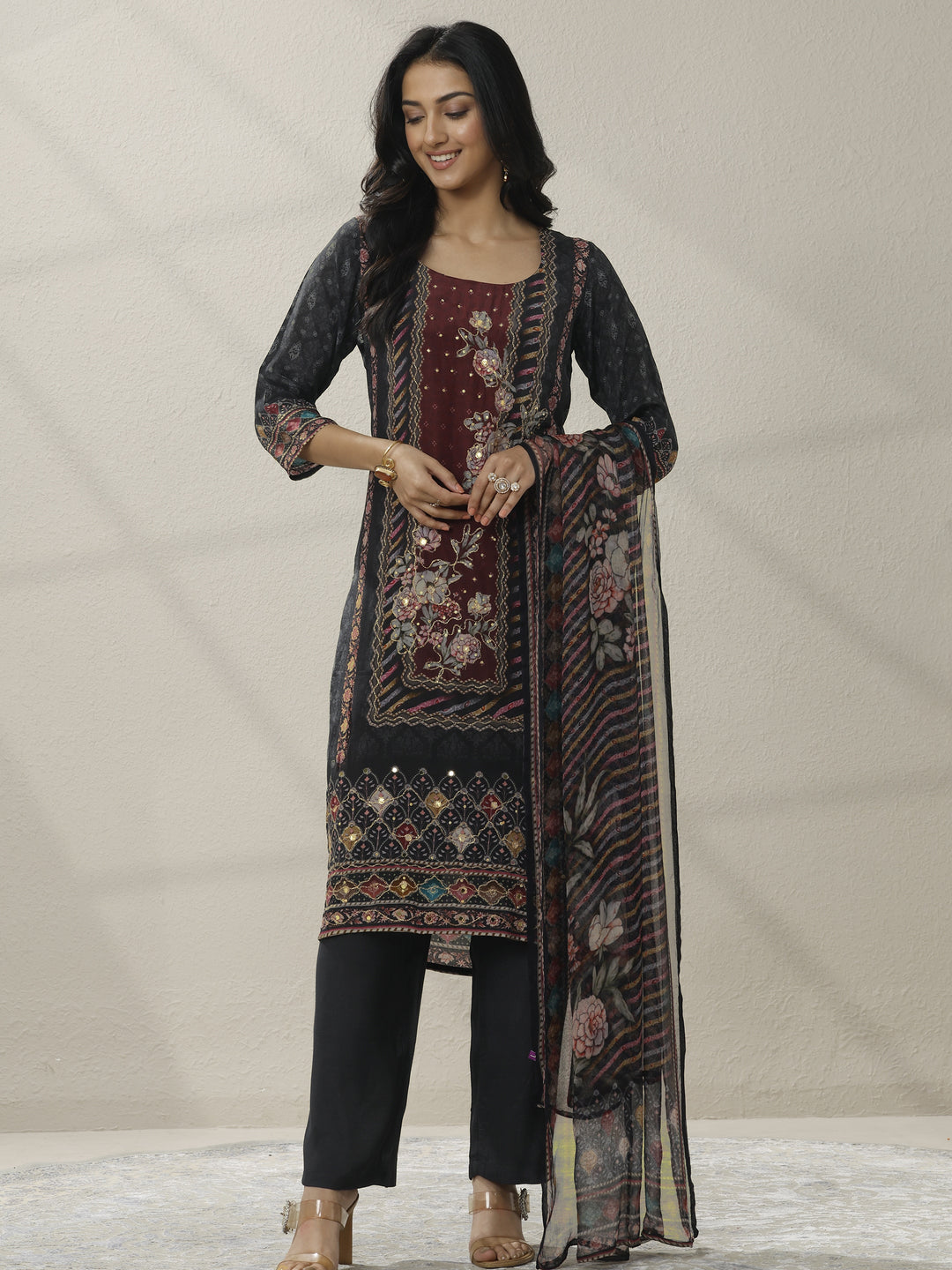 Black Printed Muslin Straight Suit Set With Dupatta