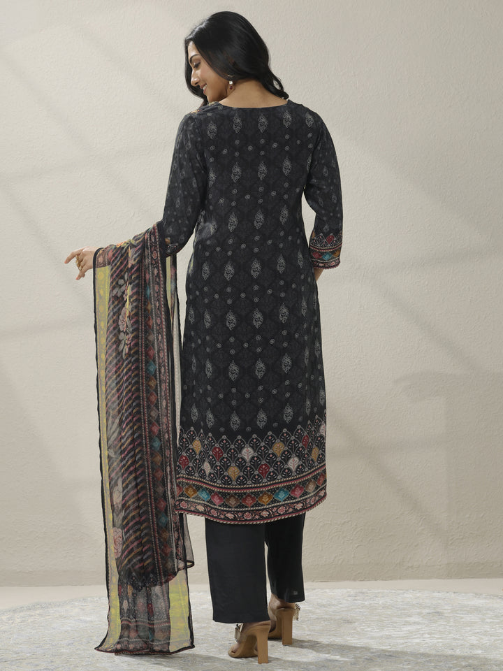 Black Printed Muslin Straight Suit Set With Dupatta