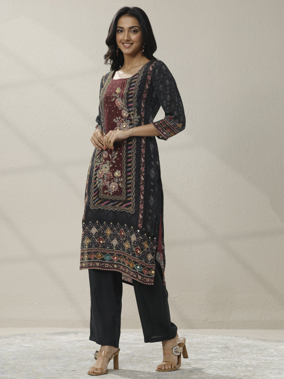 Black Printed Muslin Straight Suit Set With Dupatta