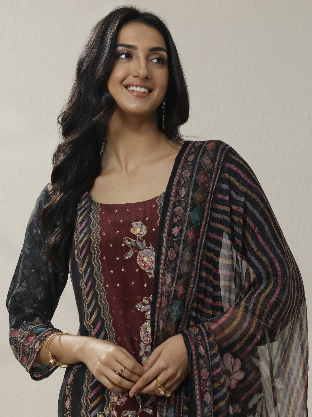 Black Printed Muslin Straight Suit Set With Dupatta