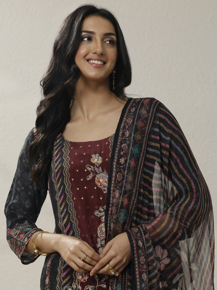 Black Printed Muslin Straight Suit Set With Dupatta