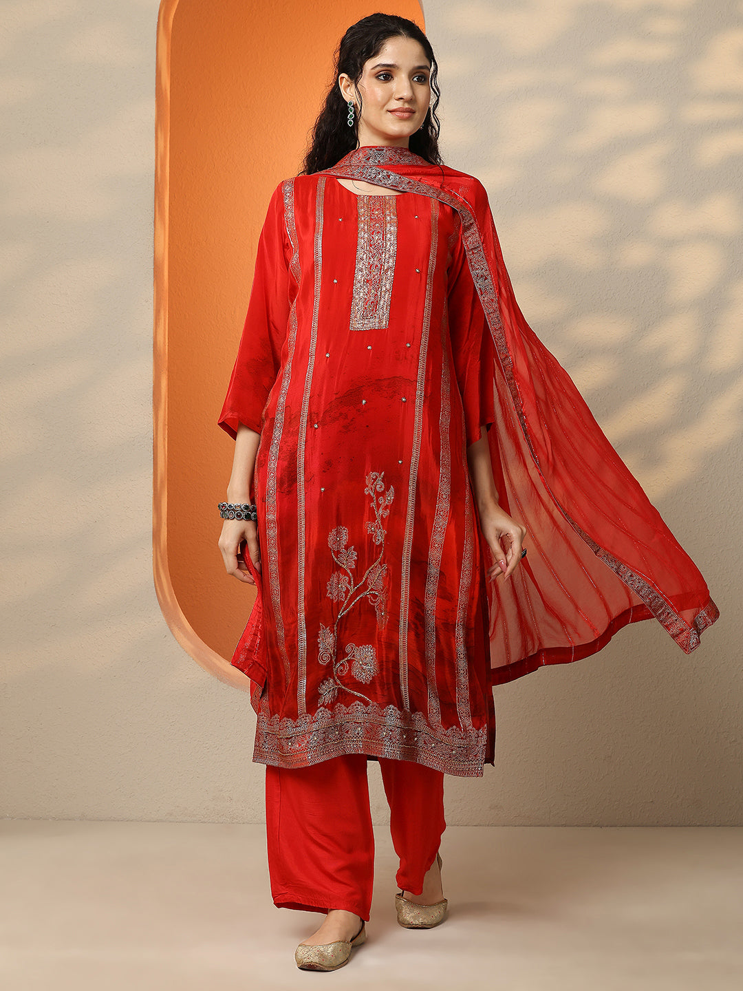 Red Printed Muslin Straight Suit Set With Dupatta