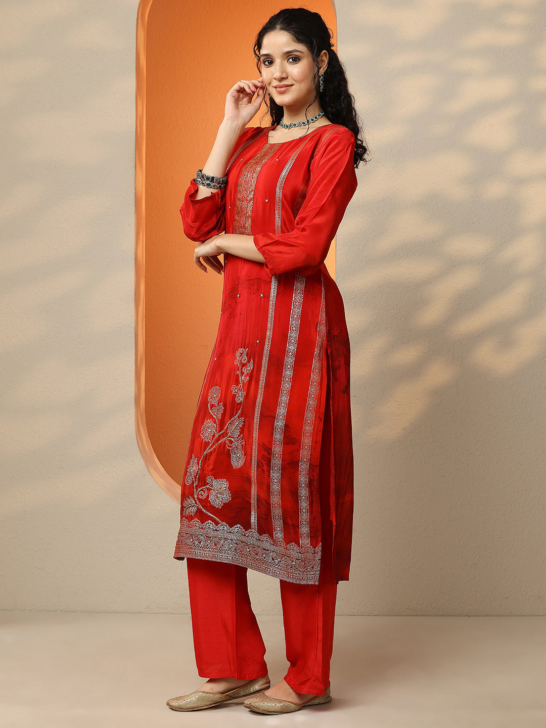 Red Printed Muslin Straight Suit Set With Dupatta