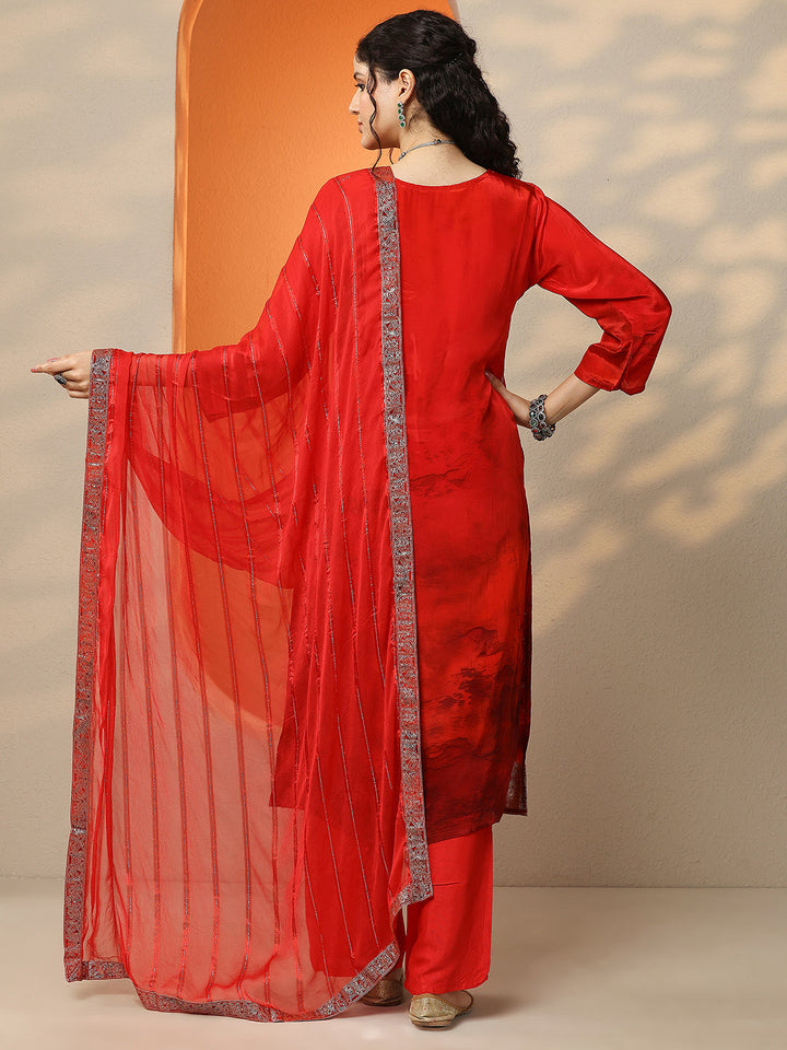 Red Printed Muslin Straight Suit Set With Dupatta