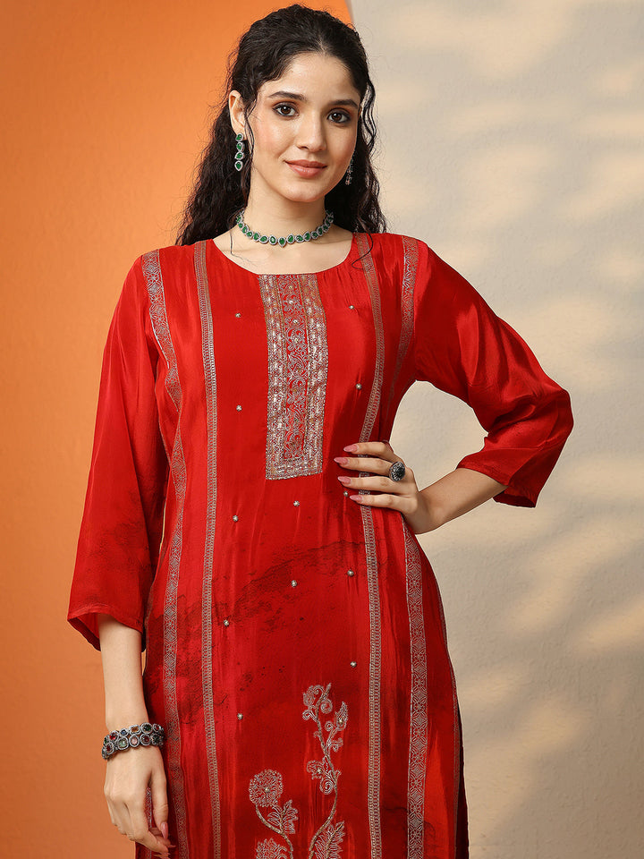 Red Printed Muslin Straight Suit Set With Dupatta