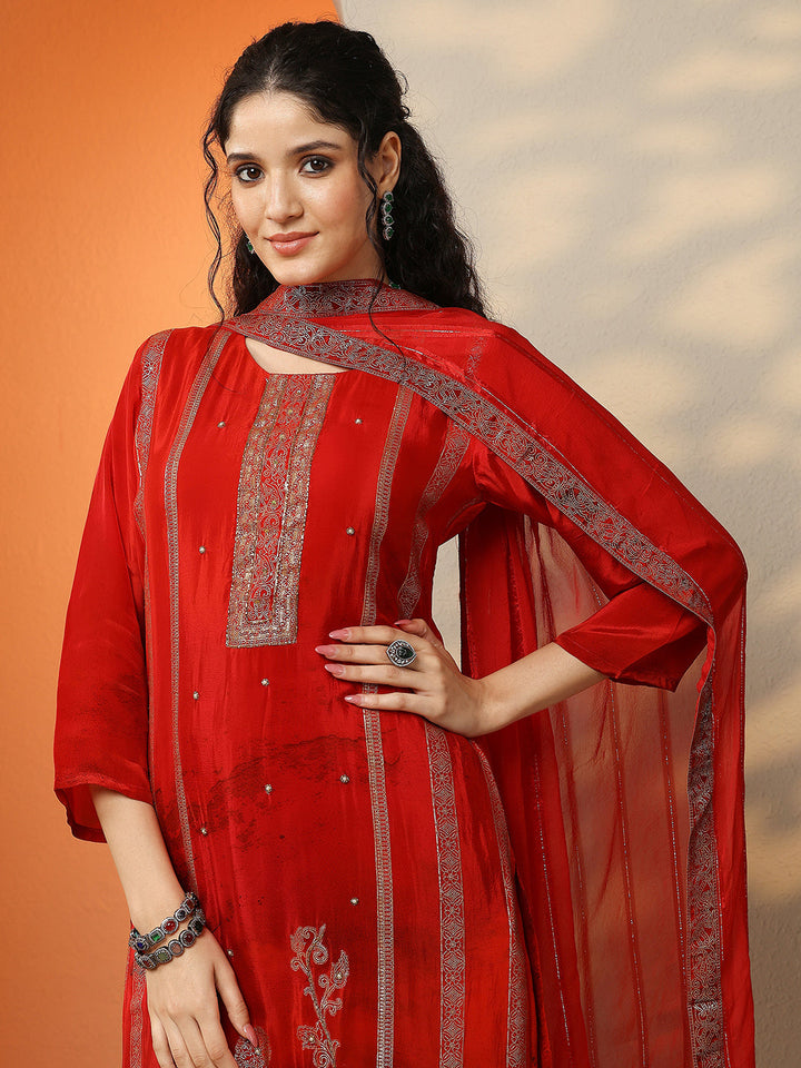 Red Printed Muslin Straight Suit Set With Dupatta