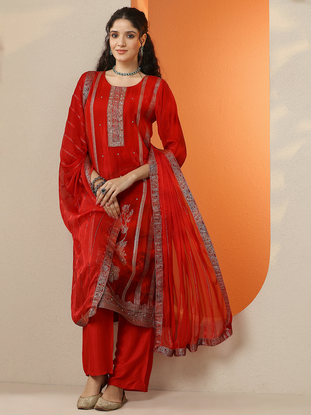 Red Printed Muslin Straight Suit Set With Dupatta