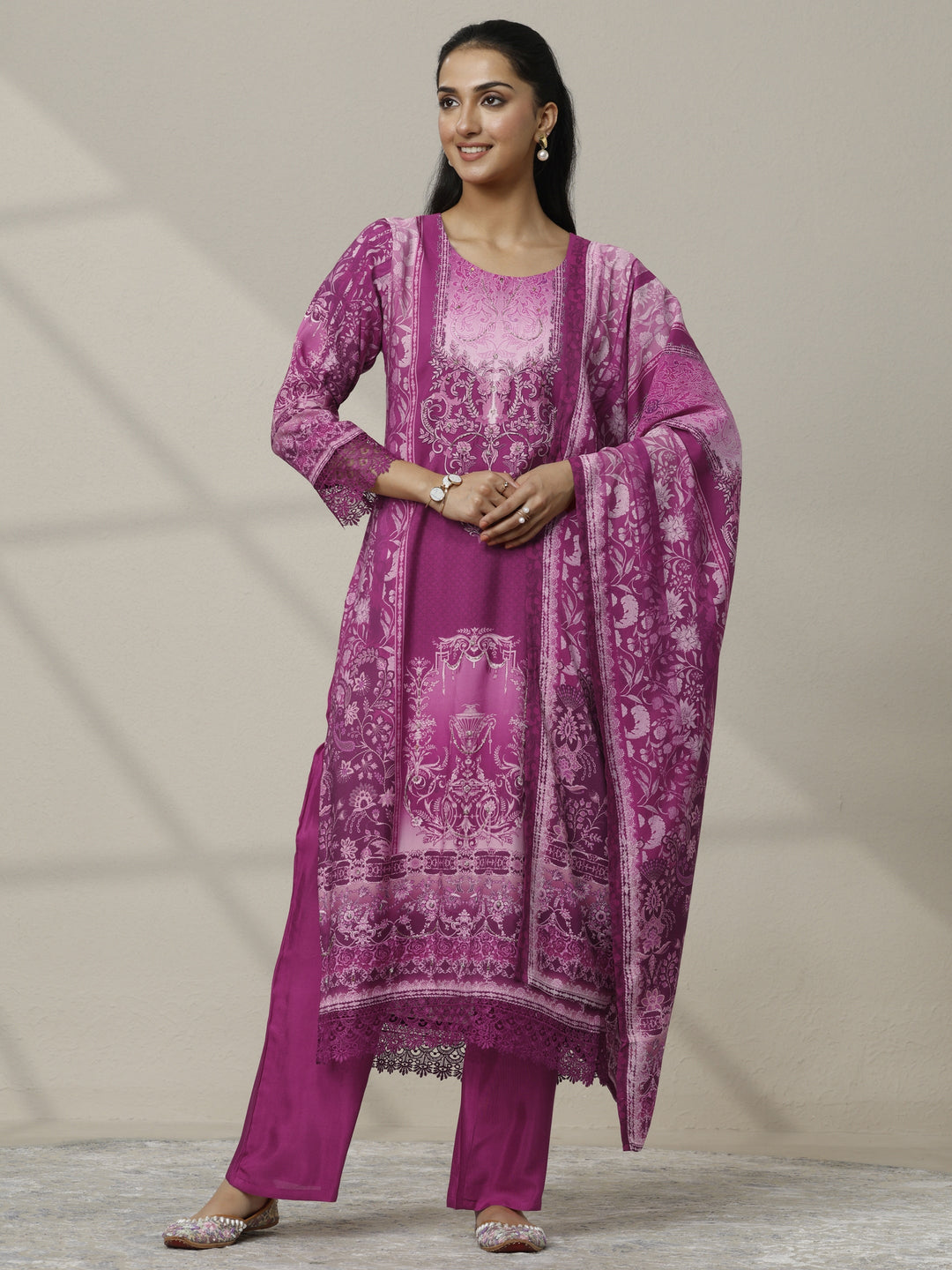 Magenta Printed Muslin Straight Suit Set With Dupatta