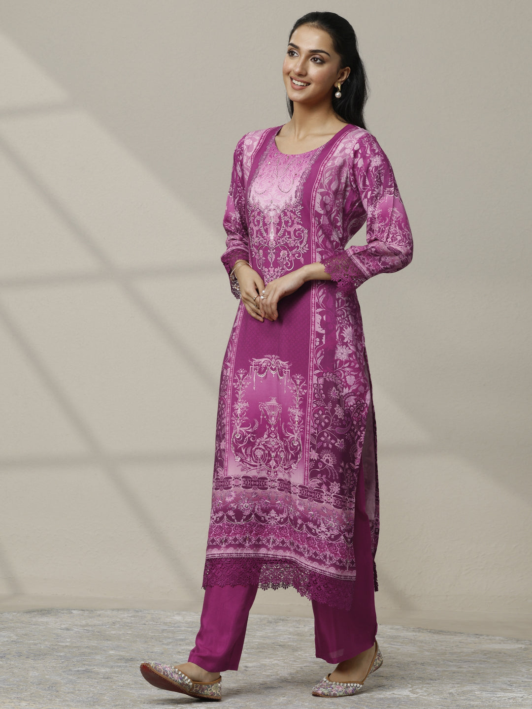 Magenta Printed Muslin Straight Suit Set With Dupatta