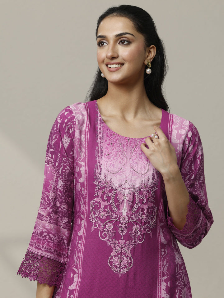 Magenta Printed Muslin Straight Suit Set With Dupatta
