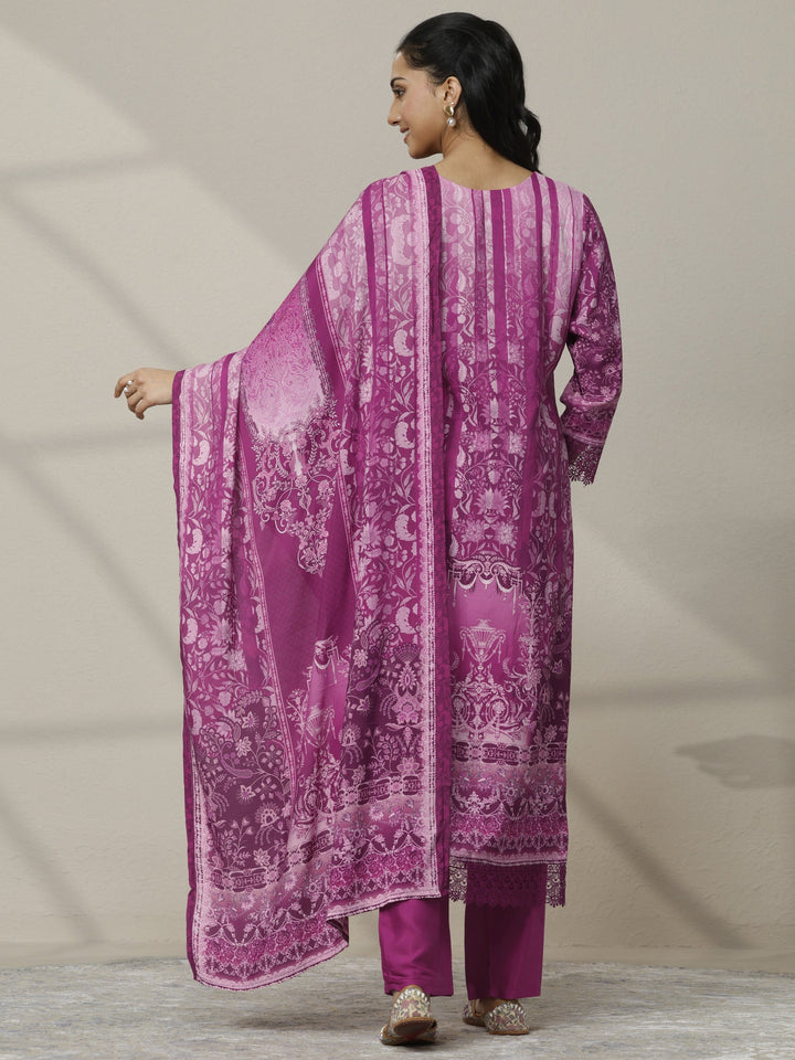 Magenta Printed Muslin Straight Suit Set With Dupatta