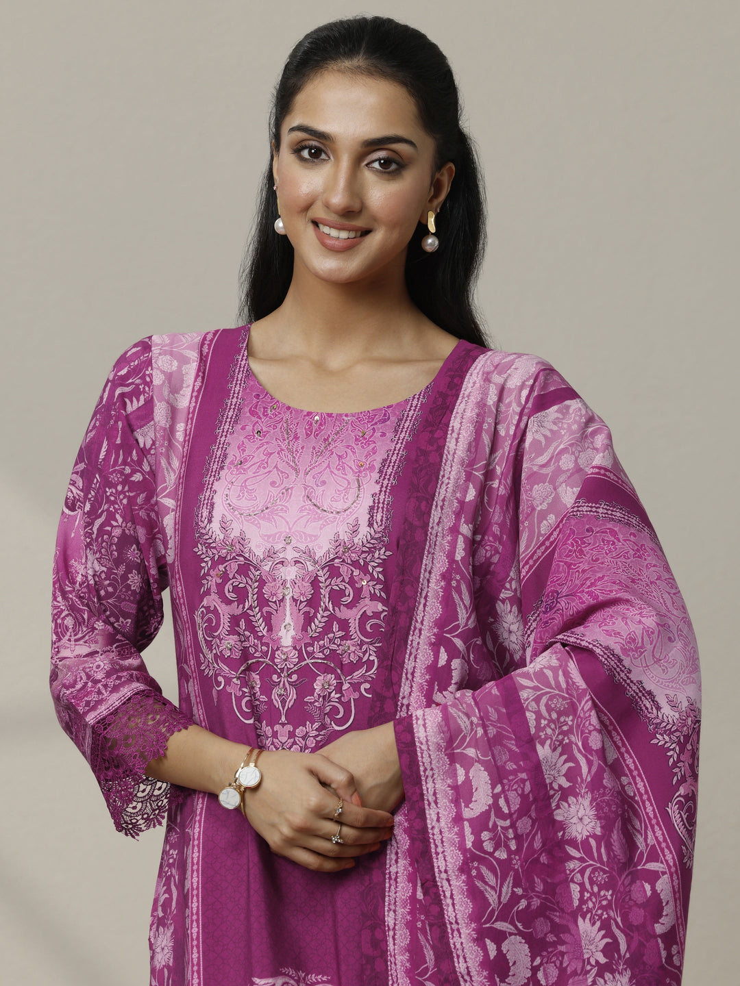 Magenta Printed Muslin Straight Suit Set With Dupatta