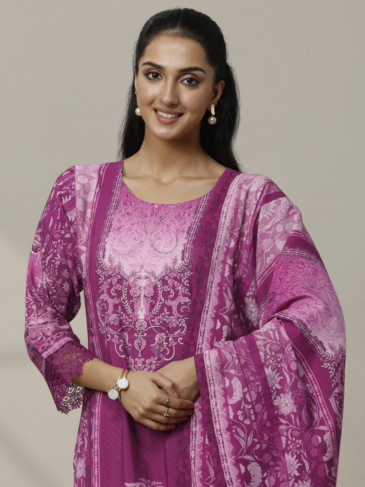 Magenta Printed Muslin Straight Suit Set With Dupatta