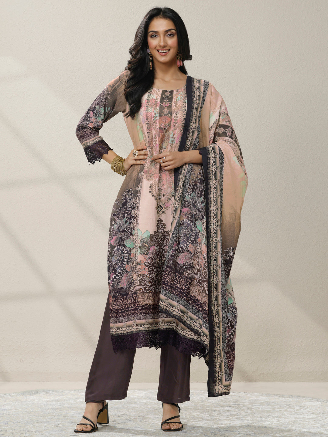Off White Printed Muslin Straight Suit Set With Dupatta