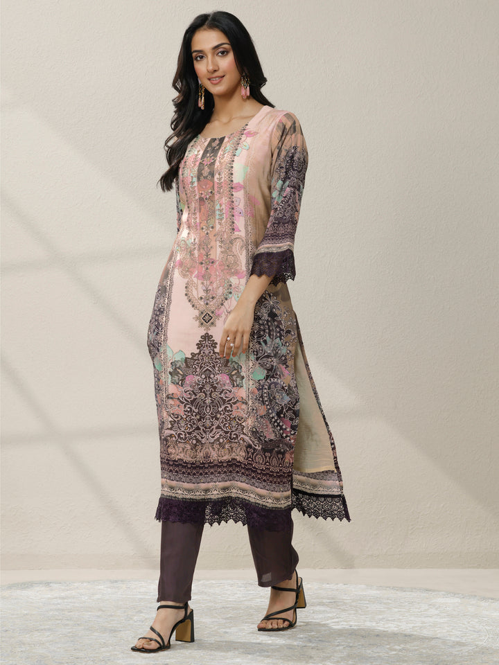 Off White Printed Muslin Straight Suit Set With Dupatta