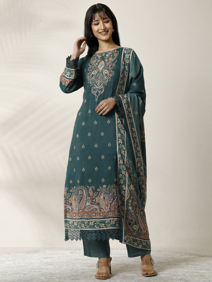 Teal Printed Muslin Straight Suit Set With Dupatta